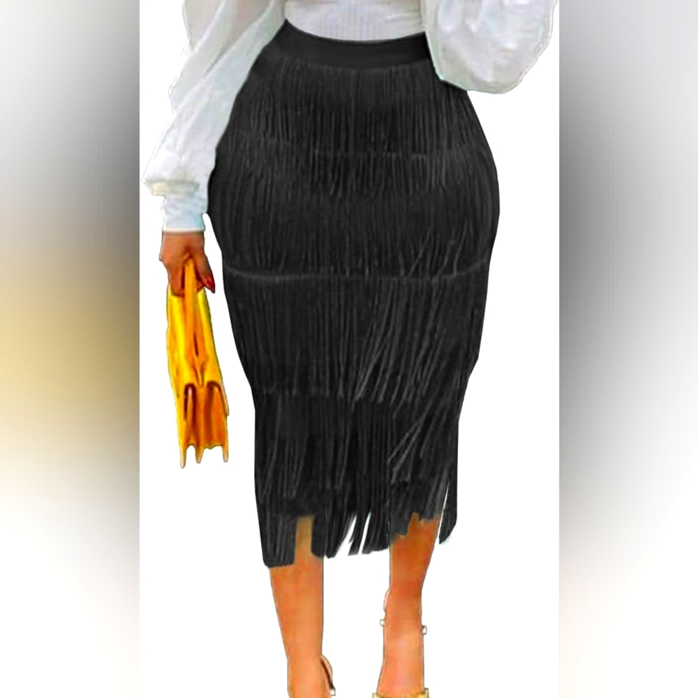 Beautiful Black Fringe Midi Skirt